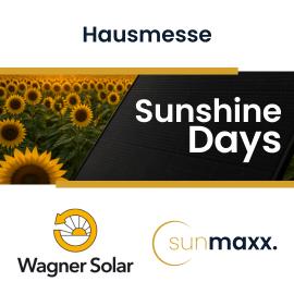 Thumbnail Ankündigung Wagner Solar Sunshine Days Hausmesse schwarzes Solarmodul mit Sonnenblumen