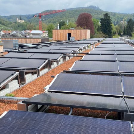 Arlesheim Clinic PVT Flat Roof System Closeup Module Lines Copyright SOLTOP ENERGIE AG